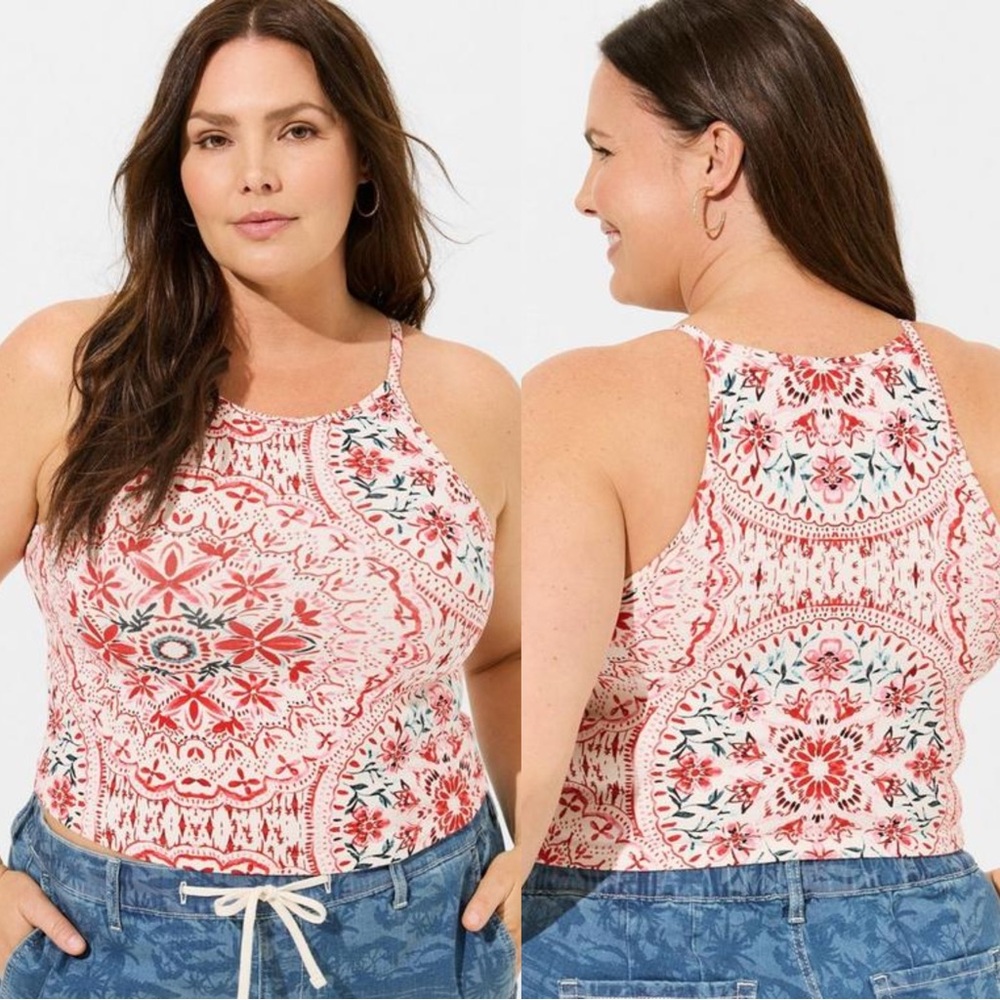 Torrid | Red white and Blue Floral Foxy High Neck Crop Top | Size 2